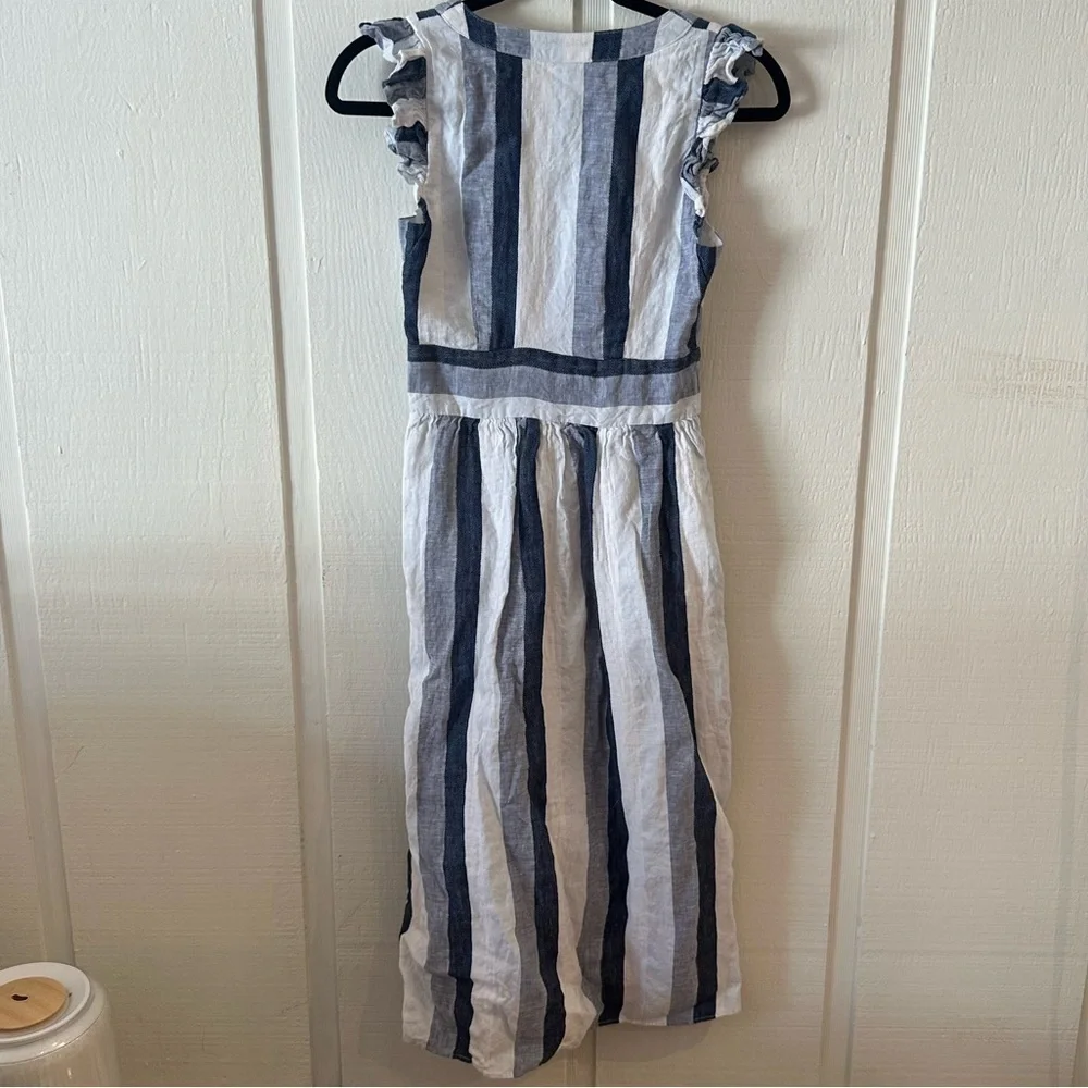 J. Crew Pointe Sur Button-front linen midi dress in faded indigo stripe Size 00 - Picture 6 of 6